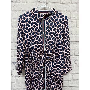 Gretchen Scott Navy Orange White Geometric Button Up Shirt Dress French Twist LG